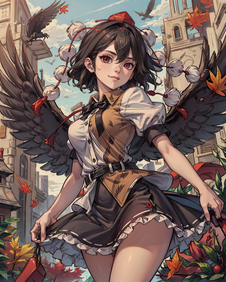 00821-2320818657-_lora_shameimaru_1_, 1girl, autumn_leaves, bangs, belt, bird_wings, black_bow, black_bowtie, black_feathers, black_hair, black_n.png